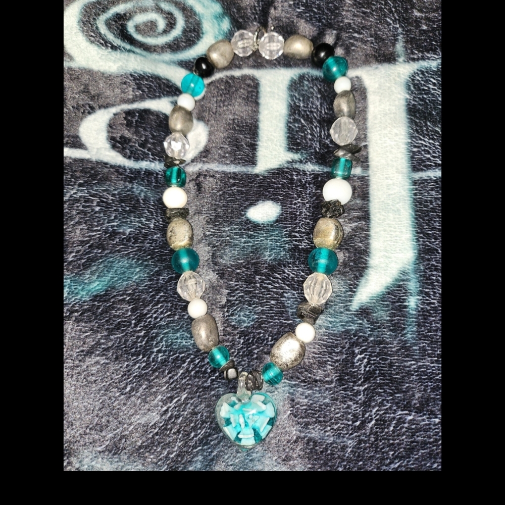 Turquoise and Silver Beaded Necklace with Heart Pendant